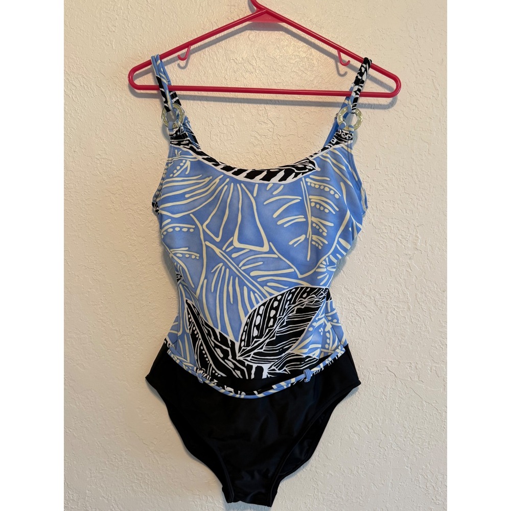 Christina Womens One Piece Swimsuit Blue Black Tropical Leaf Print Ring Detail